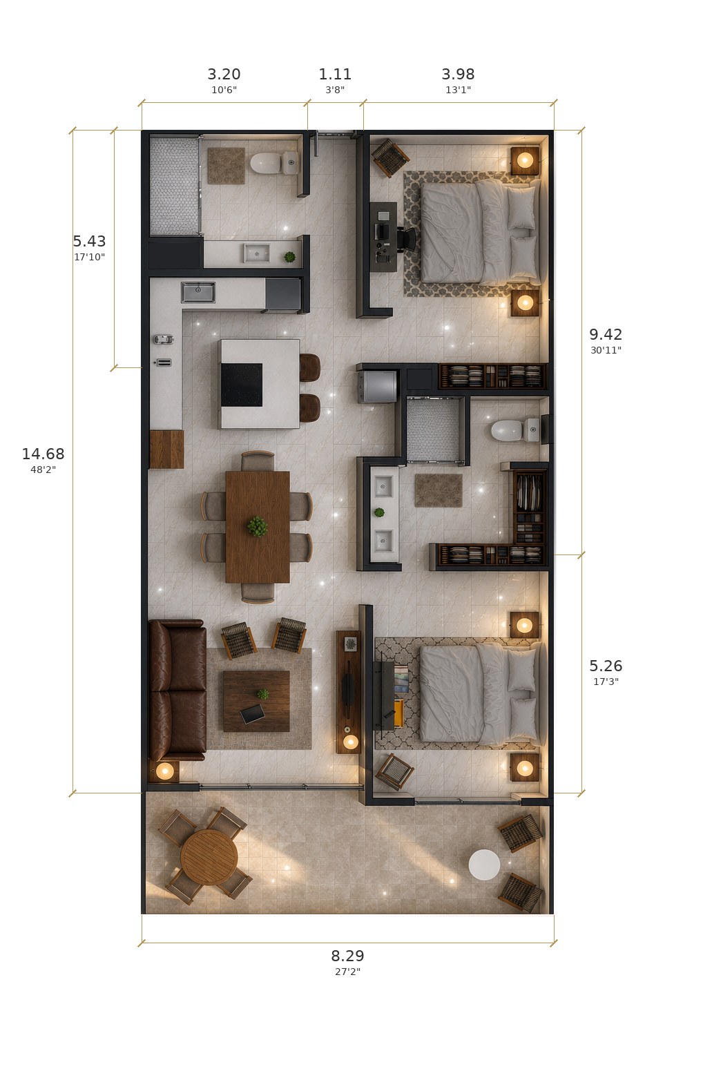 Floor plan of Residence 204 at Montemar: two bedrooms, two baths, kitchen, living and dining, and a full-width private terrace
